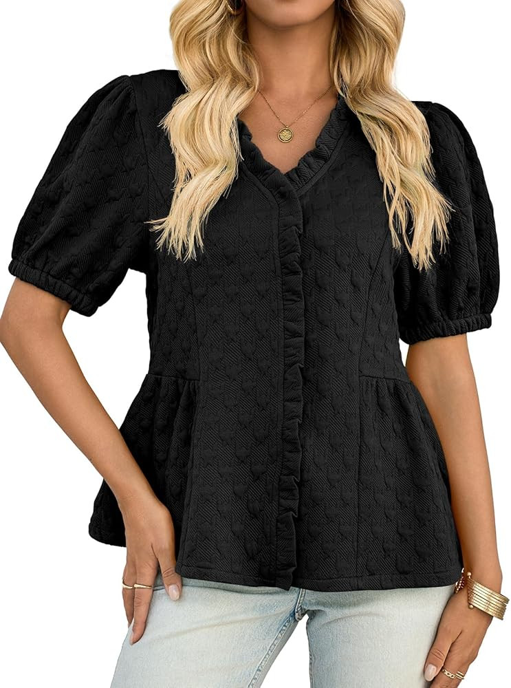 Cicy Bell Womens Peplum Puff Sleeve Tops Dressy Casual Summer Textured Blouses V Neck Ruffle Plea... | Amazon (US)