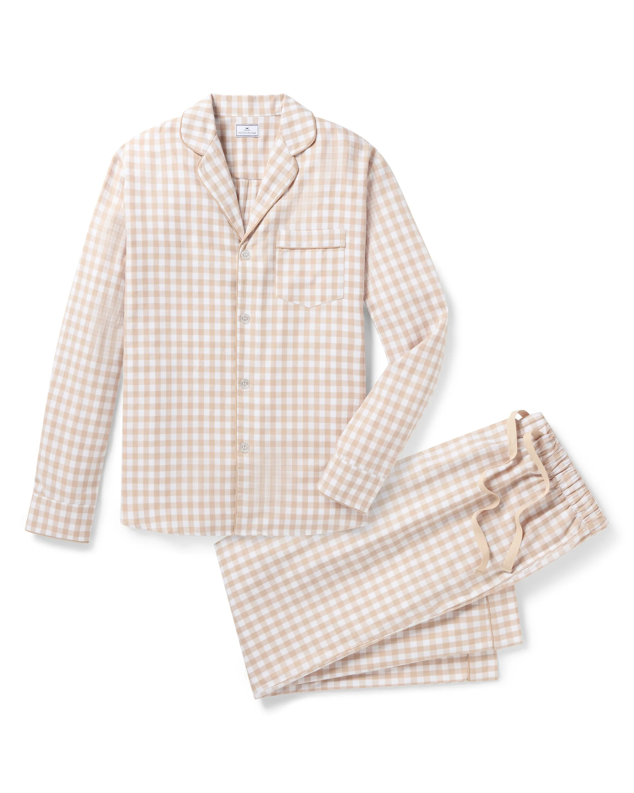 Men's Twill Pajama Set in Camel Gingham | Petite Plume