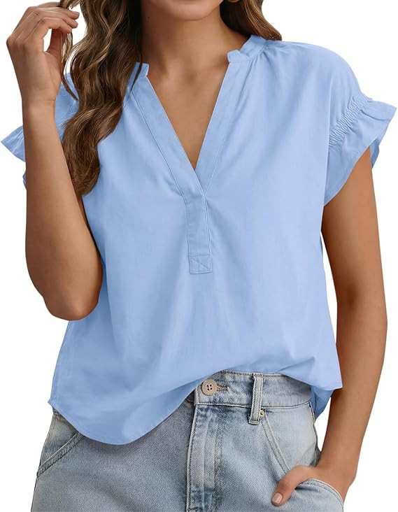 Tankaneo Womens Ruffle Cap Sleeve Tops Summer V Neck Cotton Blouse Dressy Casual Loose Fit Curved... | Amazon (US)