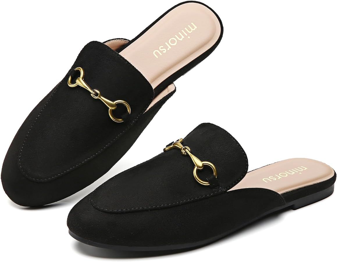 Minorsu Buckle Mules for Women Round Toe Backless Flat Mules Slides Mules Shoes Ladies Slip-on Lo... | Amazon (US)