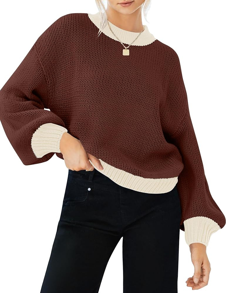 ZESICA Women's 2023 Color Block Sweaters Fall Winter Casual Loose Crewneck Ribbed Knit Pullover S... | Amazon (US)
