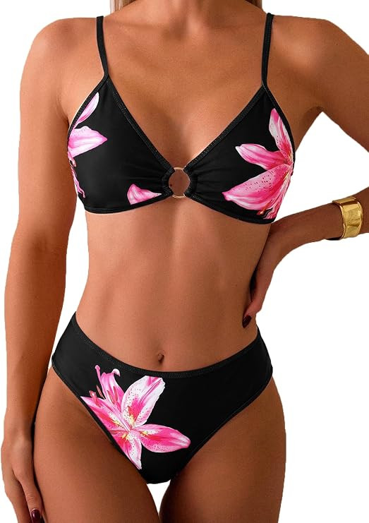 Tainehs Women's Two Piece Bikini Sets O Ring Front Top Ditsy Floral Triangle Swimsuits Cheeky Bat... | Amazon (US)