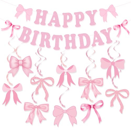 Bow Birthday Party Decorations, Pink Bow Birthday Banner Bow Party Hanging Swirls Set for Women G... | Amazon (US)
