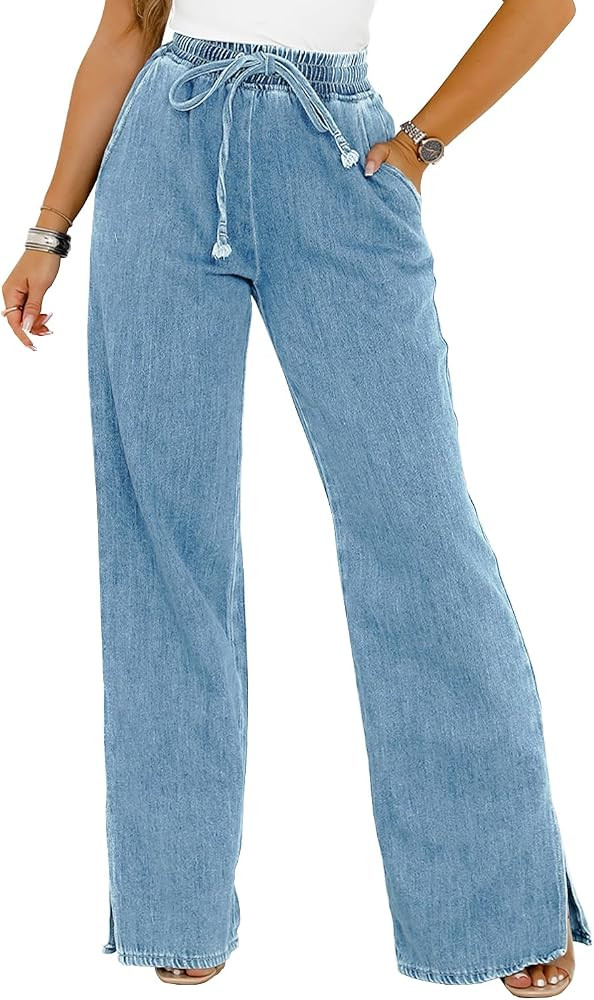 AOISAGULA Women's Wide Leg Jeans High Waisted Drawstring Elastic Waist Loose Denim Pants with Poc... | Amazon (CA)