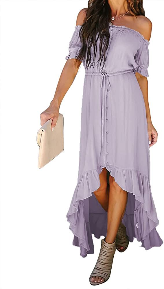 Happy Sailed Women Off Shoulder Casual Maxi Dresses Short Sleeve High Low Ruffle Bridesmaid Eveni... | Amazon (US)