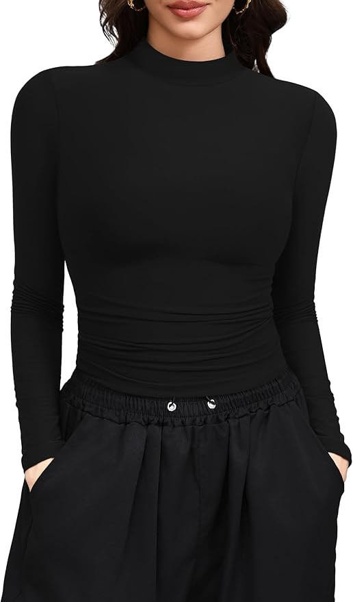 Laughido Women's Mock Neck Long Sleeve Slim Fit Double Lined T-Shirt Casual Basic Crop Tops 2025 ... | Amazon (US)