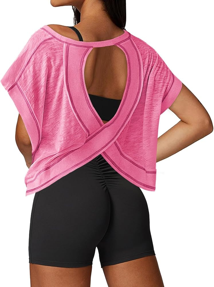 Open Back Workout Tops for Women Loose Fit Athletic Crop Tee Short Sleeve Gym Running Yoga Shirt | Amazon (US)