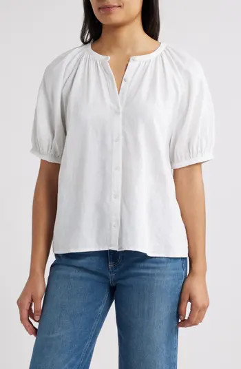 Puff Sleeve Linen Blend Button-Up Shirt | Nordstrom