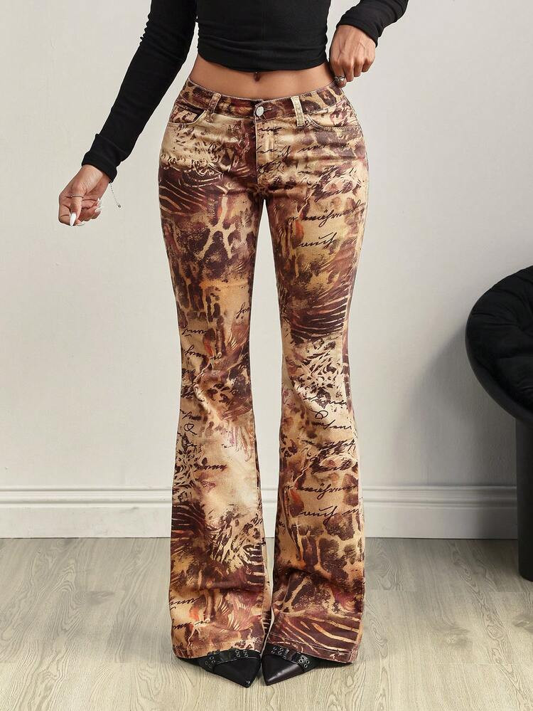 SHEIN Tall Tall Size Printed Sexy Stretch Fitted Washed Flare Jeans | SHEIN
