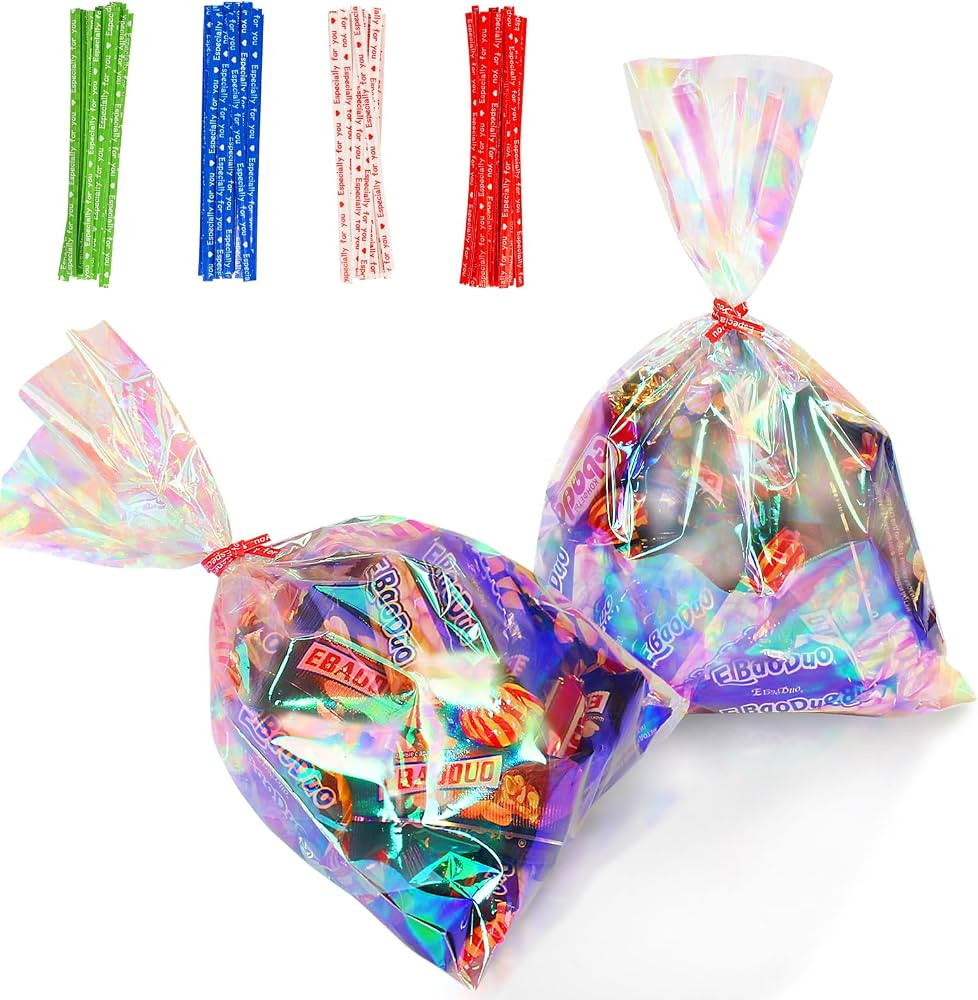 kamachic 120 Pcs Iridescent Cellophane Treat Bags 6x9 Inch, Holographic Candy Bags with Ties, Cle... | Amazon (US)