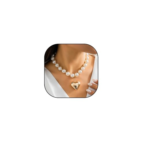 Heart Necklaces for Women Gold Chunky Heart Necklace Pearl Beads Choker Necklaces Y2k Necklace Tr... | Amazon (US)
