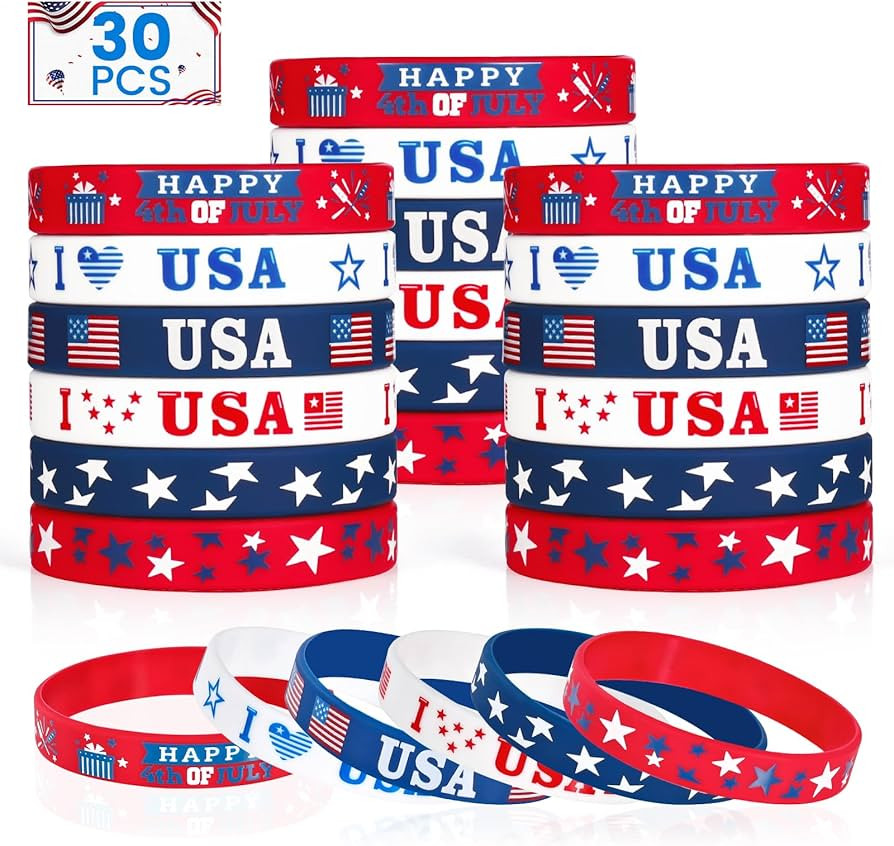 Genuvi 4th of July Patriotic Rubber Bracelets USA American Flag Wristbands Red White and Blue Sil... | Amazon (US)