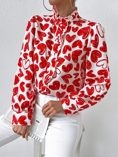 Heart Print Frill Trim Button Front Shirt | SHEIN
