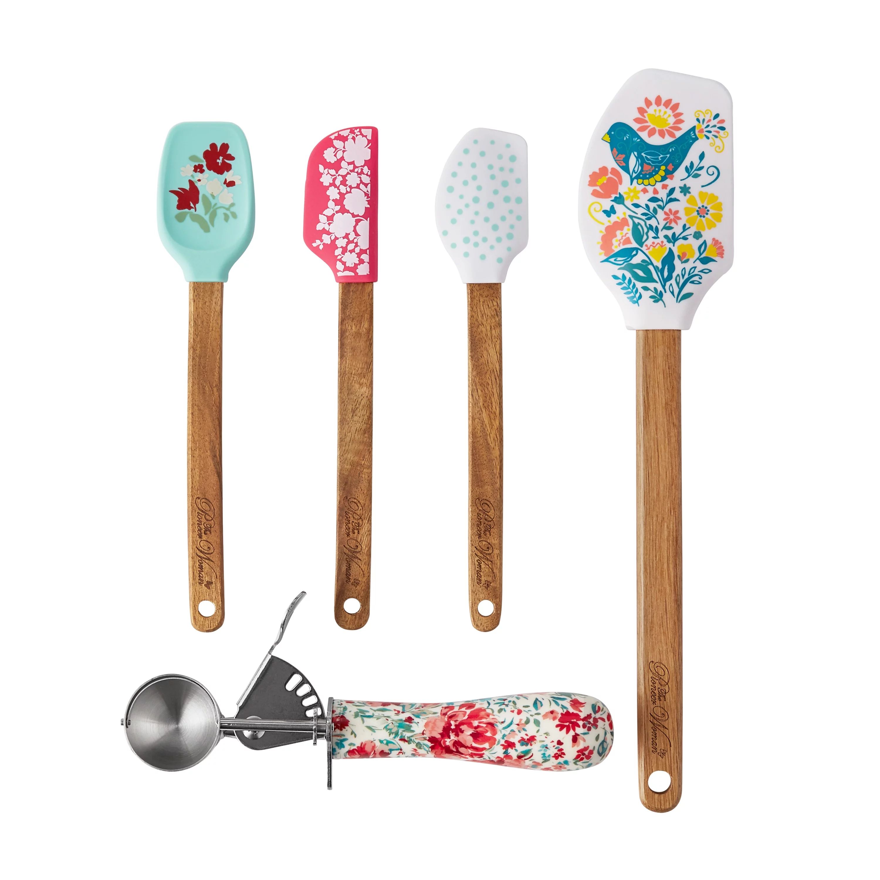 The Pioneer Woman 5-Piece Silicone Spatulas and Stainless Steel Cookie Scoop Set, Multicolor | Walmart (US)