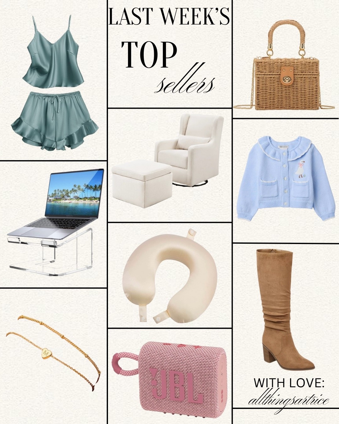 These are my top sellers from last week.



Top sellers | laptop | bracelet | jewelry | speaker | Bluetooth | neck pillow | travel | chair | nursery | rocking chair | purse | baby | toddler | kids | clothes | sweater | boots | sale | Target | Amazon | Wayfair | Allthingsartrice 

#LTKTravel #LTKKids #LTKFindsUnder100
