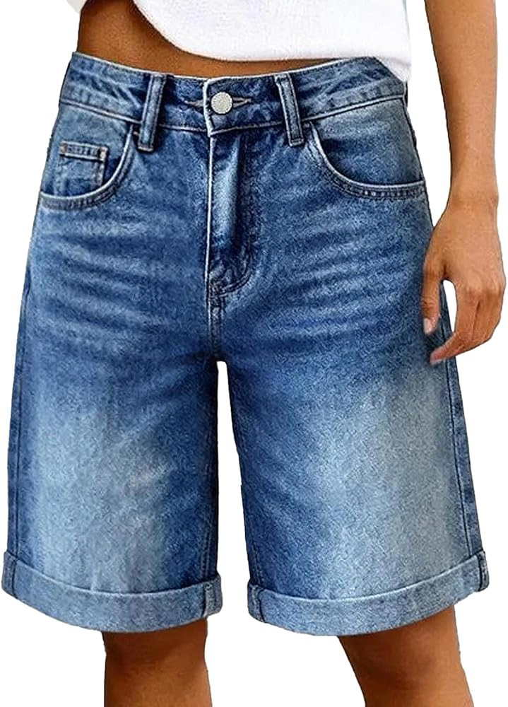 Flamingals Denim Bermuda Shorts for Women Baggy High Rise Washed Roll Hem Casual Jean Shorts | Amazon (US)