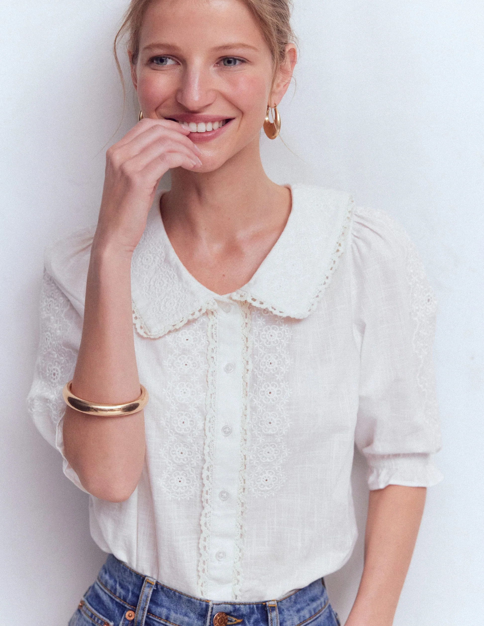 Short Sleeve Pretty Collar Top-White | Boden UK