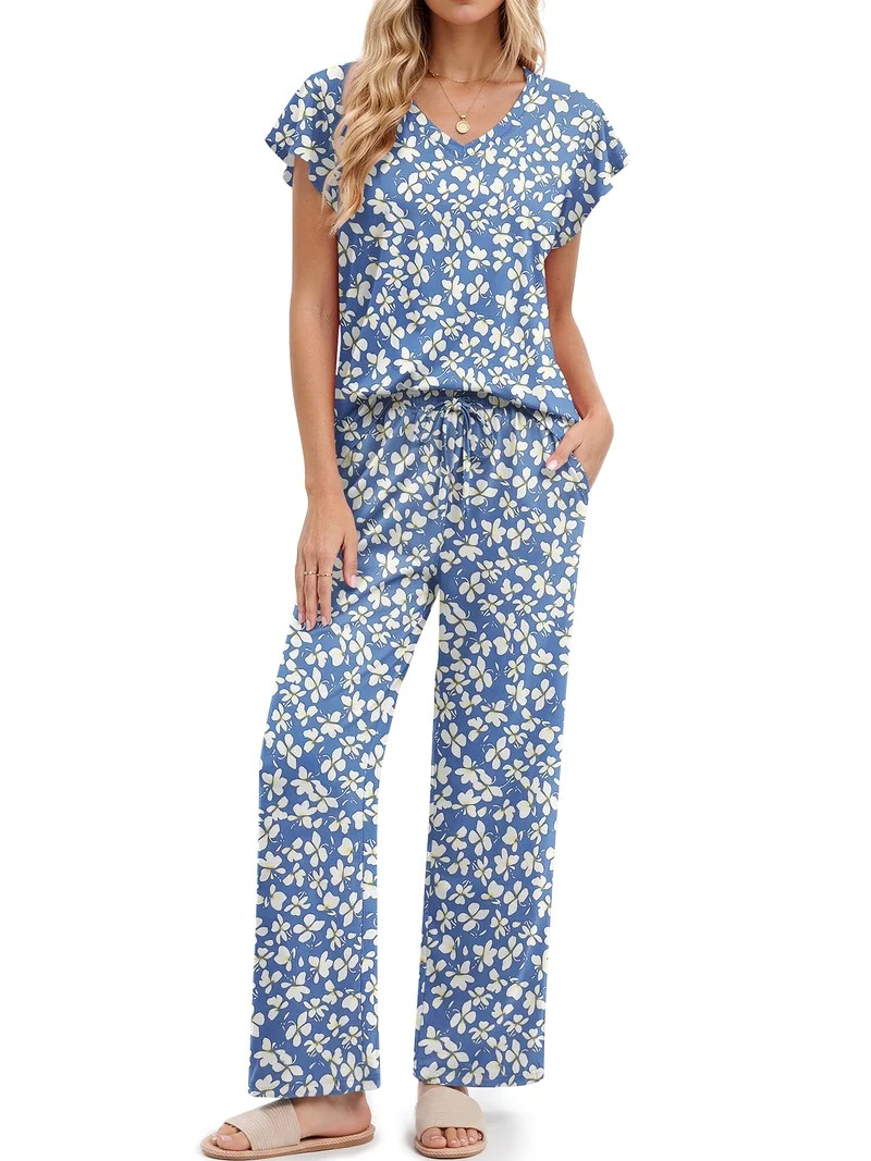 Fantaslook Flower Womens Pajamas Sets Two Piece Casual Lounge Sets Ruffle Sleeve Tops Wide Leg Pa... | Walmart (US)