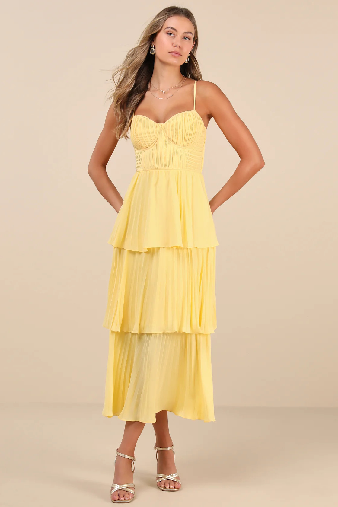 Cascading Crush Yellow Tiered Bustier Midi Dress | Lulus