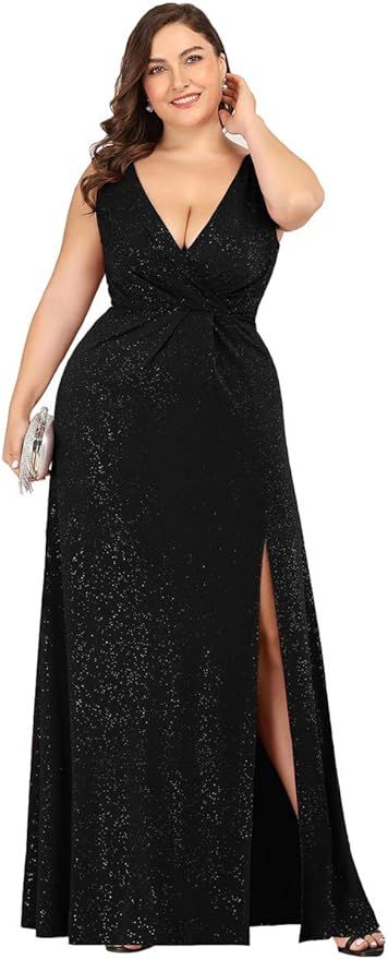 Ever-Pretty Plus Women's V-Neck Glitter Dress Side Split Plus Size Evening Dress 07505 | Amazon (US)
