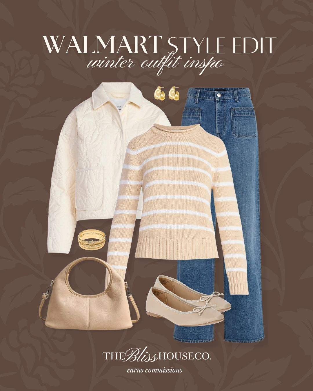 Winter outfit inspo from Walmart! Casual style inspo, jeans, floral quilted jacket, sweater, affordable women's clothing, ballet flats, jewelry, winter style.

Walmart fashion
 

 #LTKootd #LTKSeasonal #LTKFindsUnder50