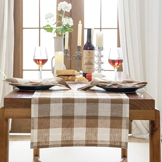 EVERLY100% Yarn-Dyed Linen Plaid Design Natural Linen Table Runner 14x108Inch, 100% Pure Linen Ta... | Amazon (US)