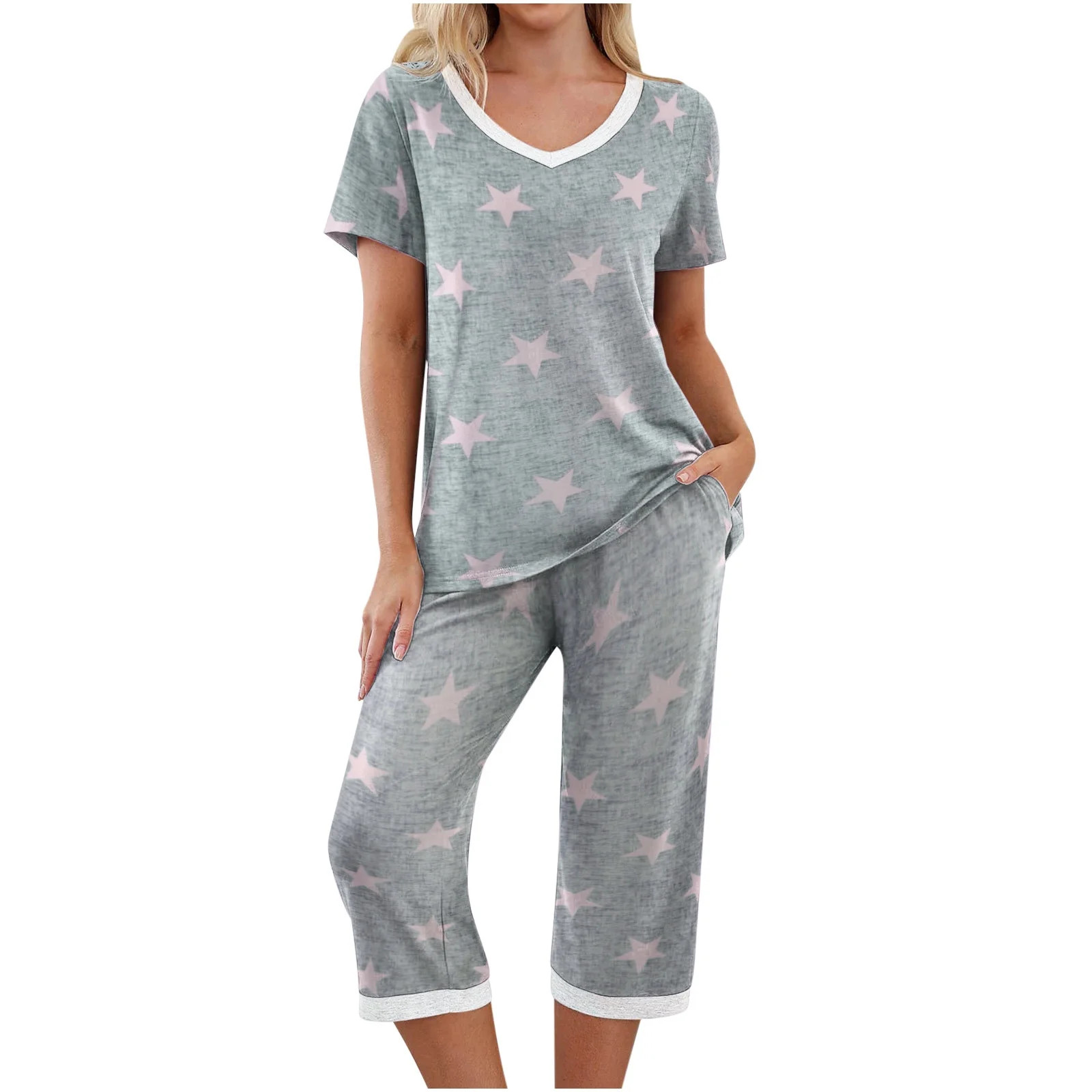 Womens Pajamas Set Short Sleeve V/Crew Neck Top with Capri Pants with Pockets Casual Sleepwear Pj... | Walmart (US)