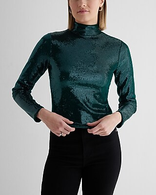 Body Contour Sequin Mock Neck Long Sleeve Tee | Express