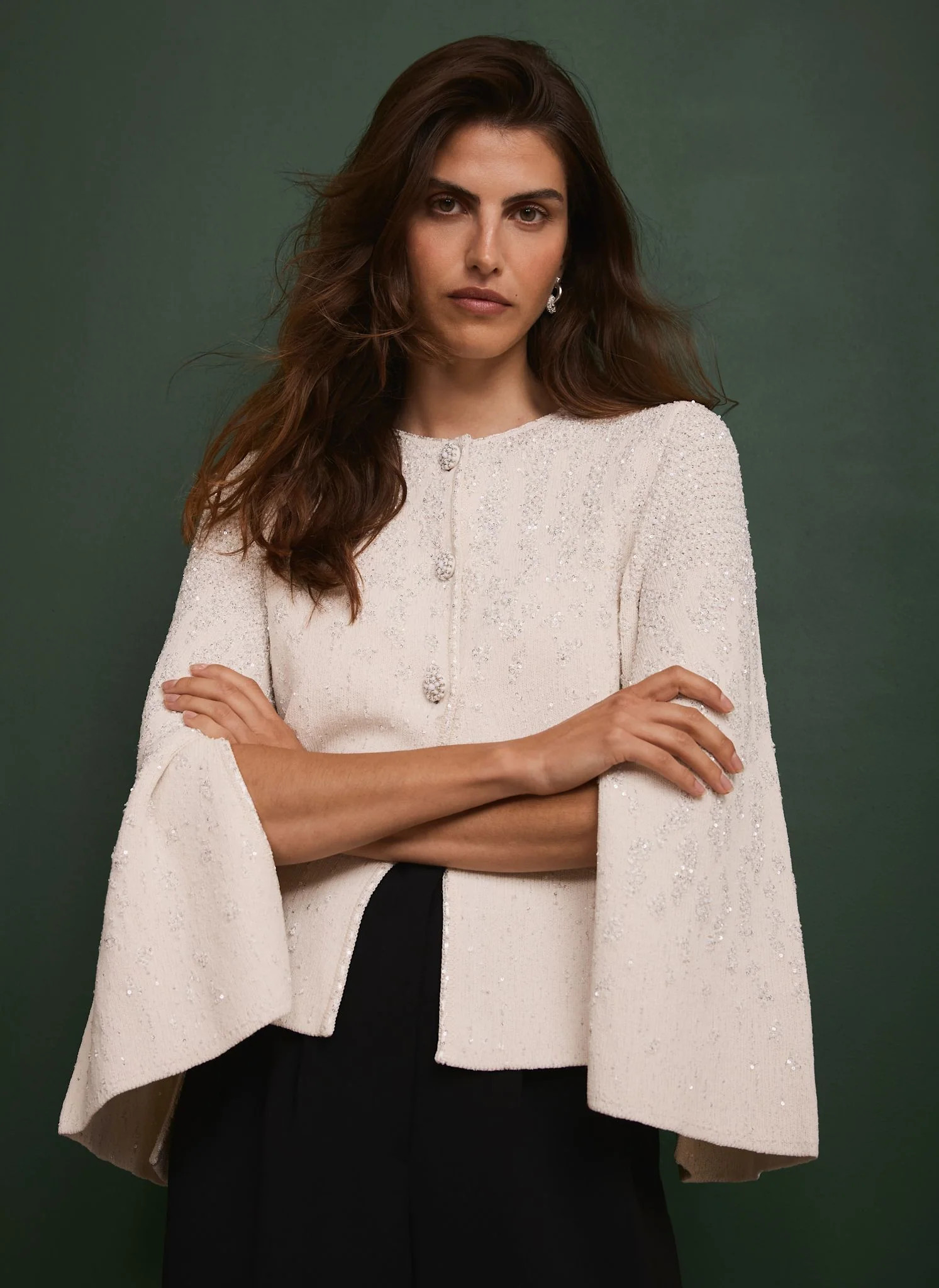 Cream Sequin Embellished Cape Cardigan | Mint Velvet