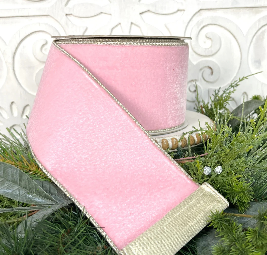 Farrisilk Designer Pink Velvet Ribbon Luxury Wired Floral Ribbon for Christmas & Holiday Decor - ... | Etsy (US)