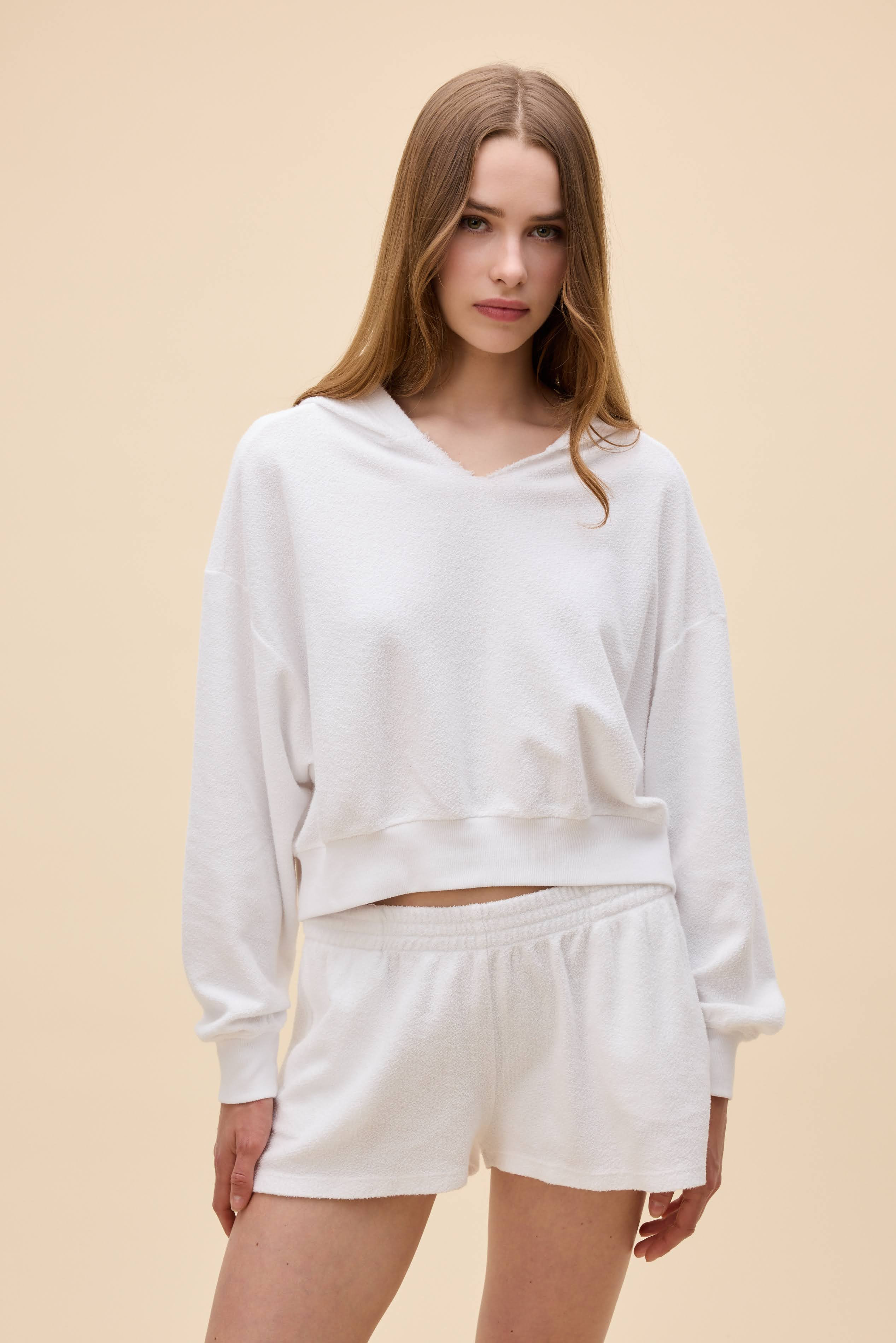 Solid Towel-Like Terry Meet & Greet Hoodie in Wite | Cotton Terry Long Sleeves in Optic White | Daydreamer