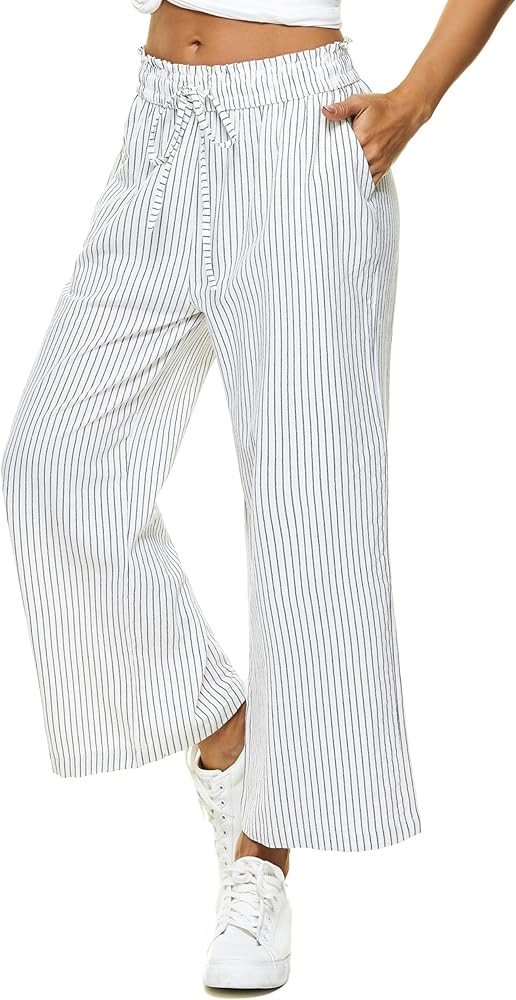LNX Womens Linen Capri Pants Wide Leg High Waisted Drawstring Casual Cropped Pants with Pockets | Amazon (US)
