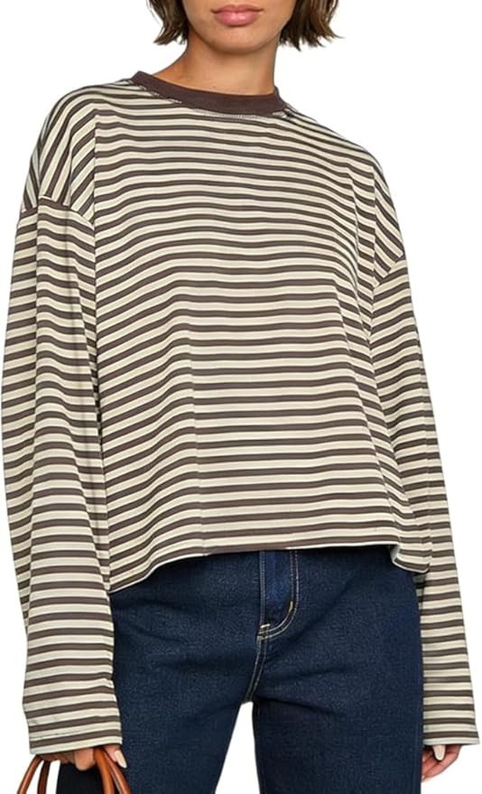 Striped Long Sleeve Shirt Women Y2k Oversized Crewneck Vintage Tops Fall Winter Drop Shoulder Cut... | Amazon (UK)
