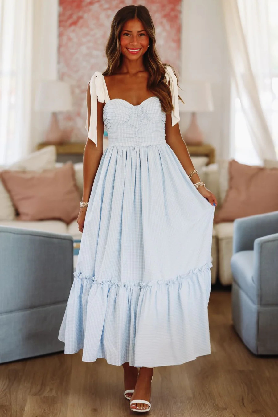 Beneath the Beach House Lights Midi Dress - Blue and White | Hazel and Olive