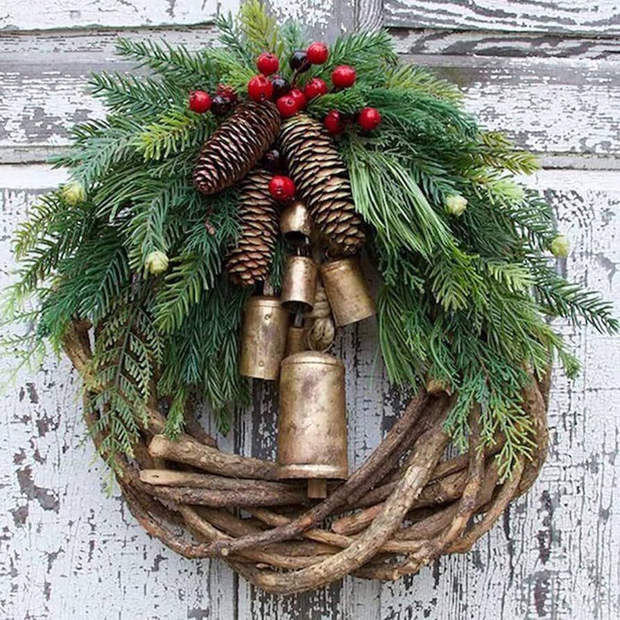 Farmhouse Christmas Wreath Boho Holiday Wreath, 15.7'' Xmas Tree Hanging Artificial Golden Bell W... | Amazon (US)