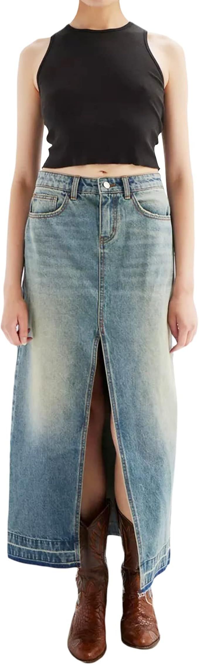 Women Front Split Maxi Denim Skirt Y2k High Waist Jeans Midi Skirt Bodycon Vintage Button 90s Lon... | Amazon (US)