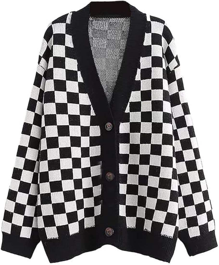Women's Fall Checkered Long Sleeve Cardigan Sweet Cute Cozy Knit Sweater Coat | Amazon (US)