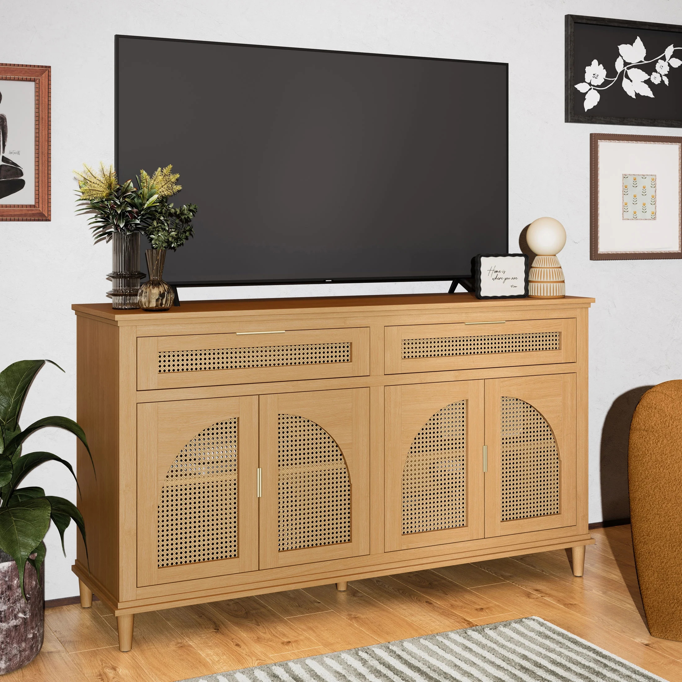 Beautiful Drew Rattan Media Console with Teched Away Drawer by Drew Barrymore, Warm Honey Finish | Walmart (US)