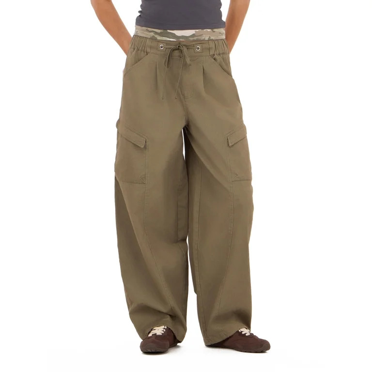 Forever 21 Women's Khaki Green Baggy Cargo Pants with Elastic Waist, Barrel-Leg Design for Everyd... | Walmart (US)