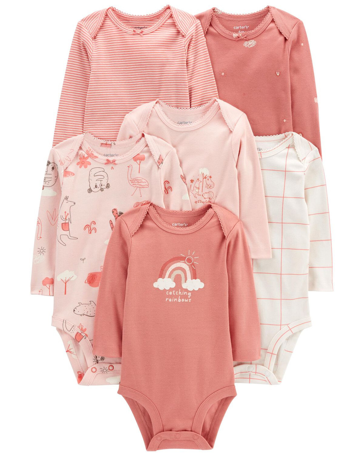 Pink/White Baby 6-Pack Long-Sleeve Bodysuits | carters.com | Carter's