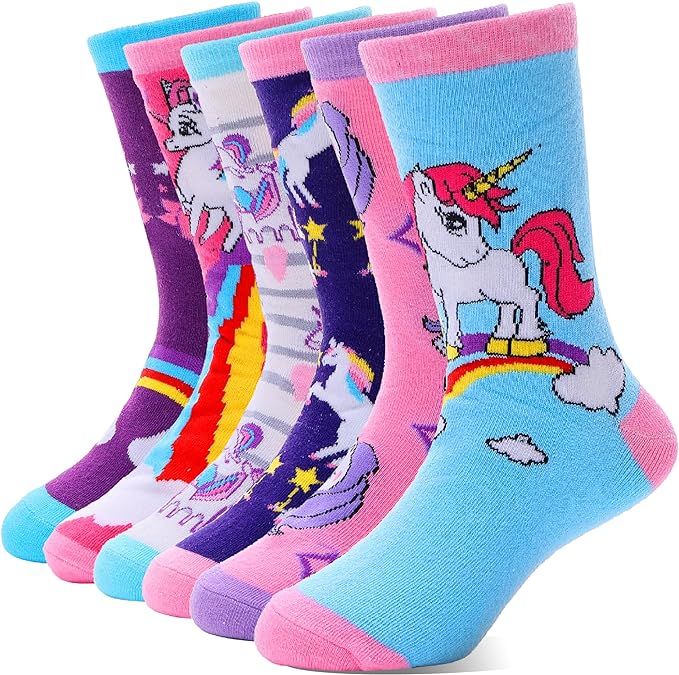 EBMORE Kids Girls Socks Cotton Crew Cute Animal Pattern Fashion Fun Novelty Socks 6 Pack | Amazon (US)