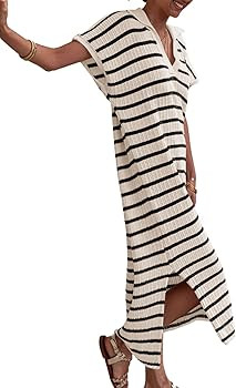 Saodimallsu Womens Striped Summer Dresses Short Sleeve V Neck Knit Collared Sexy Slit Loose Maxi ... | Amazon (US)