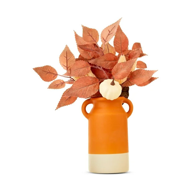 Harvest Orange & Cream Pottery Vase with Leaves Indoor Table Decor by Way To Celebrate - Walmart.... | Walmart (US)