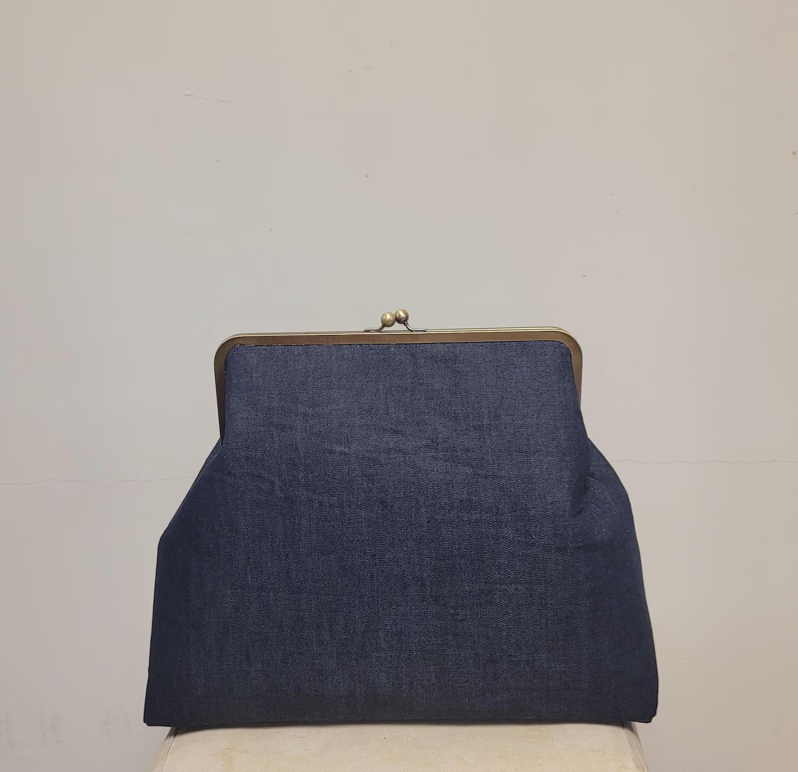Denim oversized 27cm kiss lock clutch bag | Etsy (US)