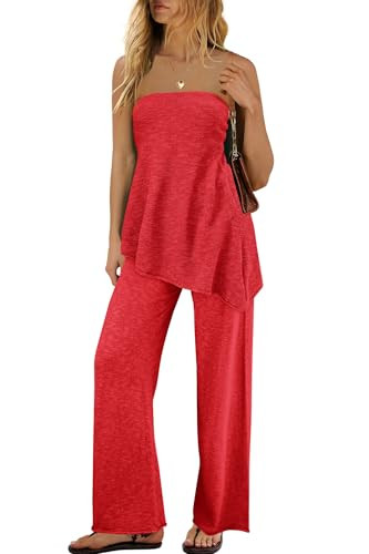 SENSERISE Womens 2 Piece Outfits Summer Knit Sweater Set Matching Lounge Set Off the Shoulder Tops and Pants(Red Orange,S) | Amazon (US)