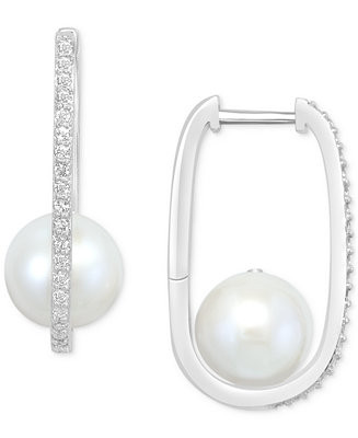 EFFY® Cultured Freshwater Pearl (8mm) & White Topaz (1/5 ct. t.w.) Oval Small Hoop Earrings in S... | Macy's
