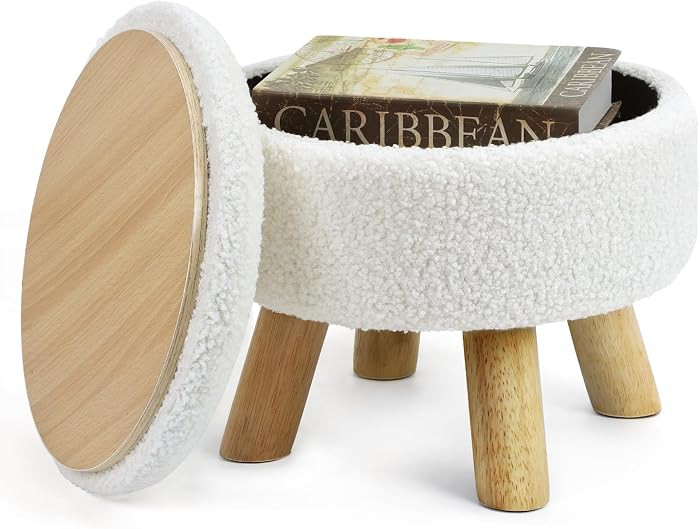 Ottoman Foot Rest, Small Round Ottoman with Storage, Boucle Teddy Velvet Footstool with Wood Legs... | Amazon (US)