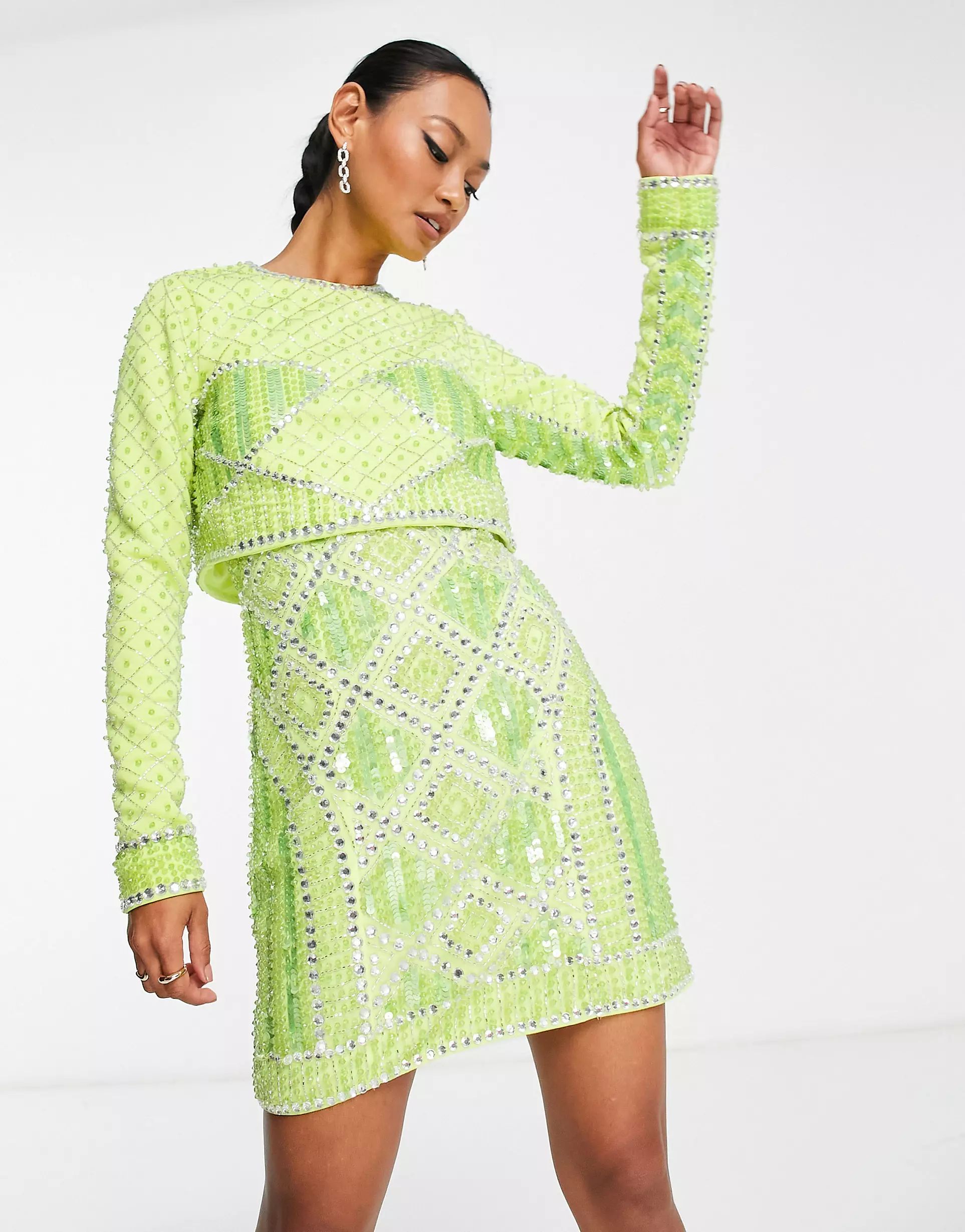 ASOS DESIGN 2 in 1 detachable embellished sequin mini dress in lime | ASOS (Global)