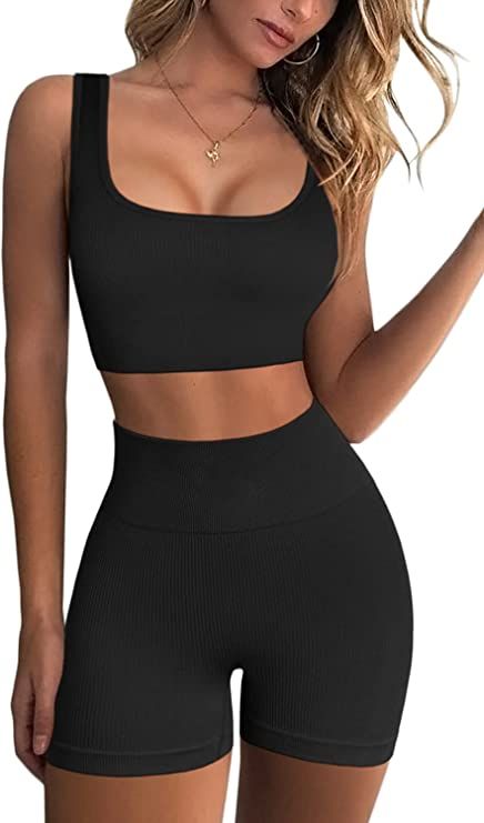 QINSEN Workout Sets for Women 2 Piece Seamless Ribbed Crop Tank High Waist Shorts Yoga Outfits | Amazon (US)