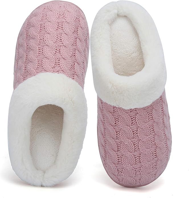 Women's Memory Foam Slippers Knitted Fur Collar House Shoes Anti-Skid Sole for Indoor & Outdoor | Amazon (US)